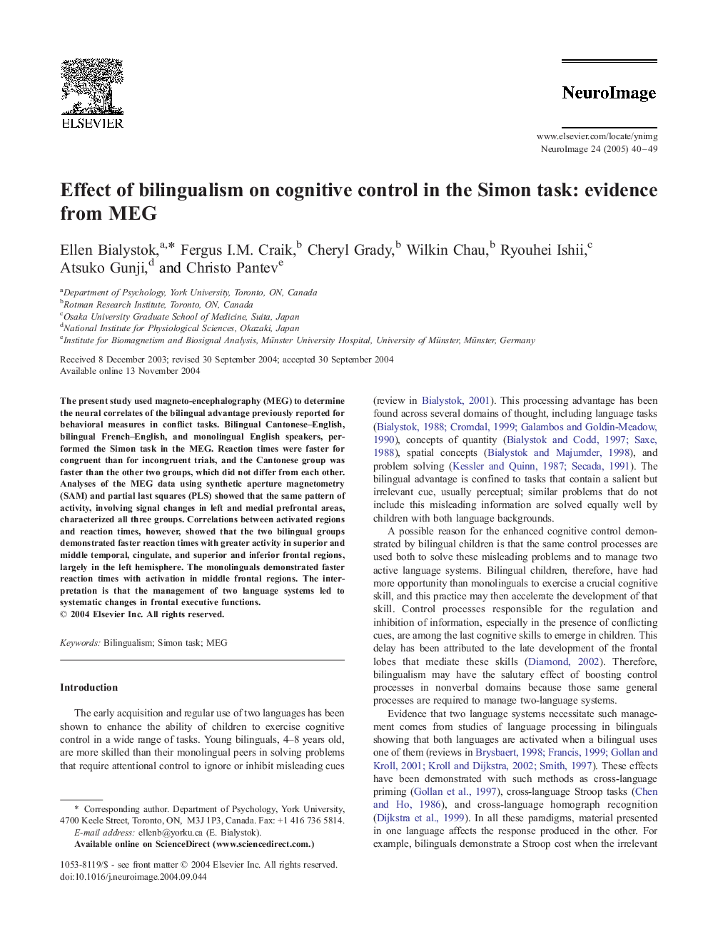 Effect of bilingualism on cognitive control in the Simon task: evidence from MEG