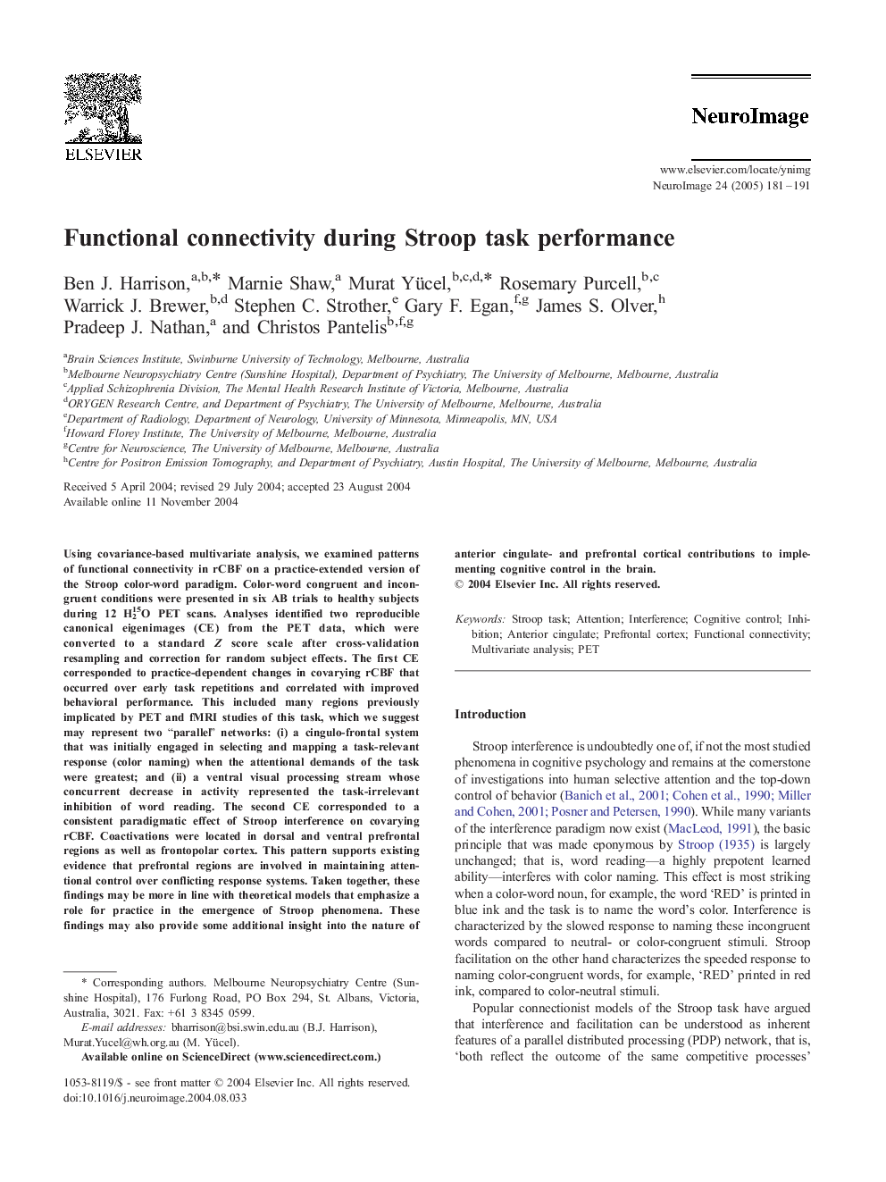 Functional connectivity during Stroop task performance