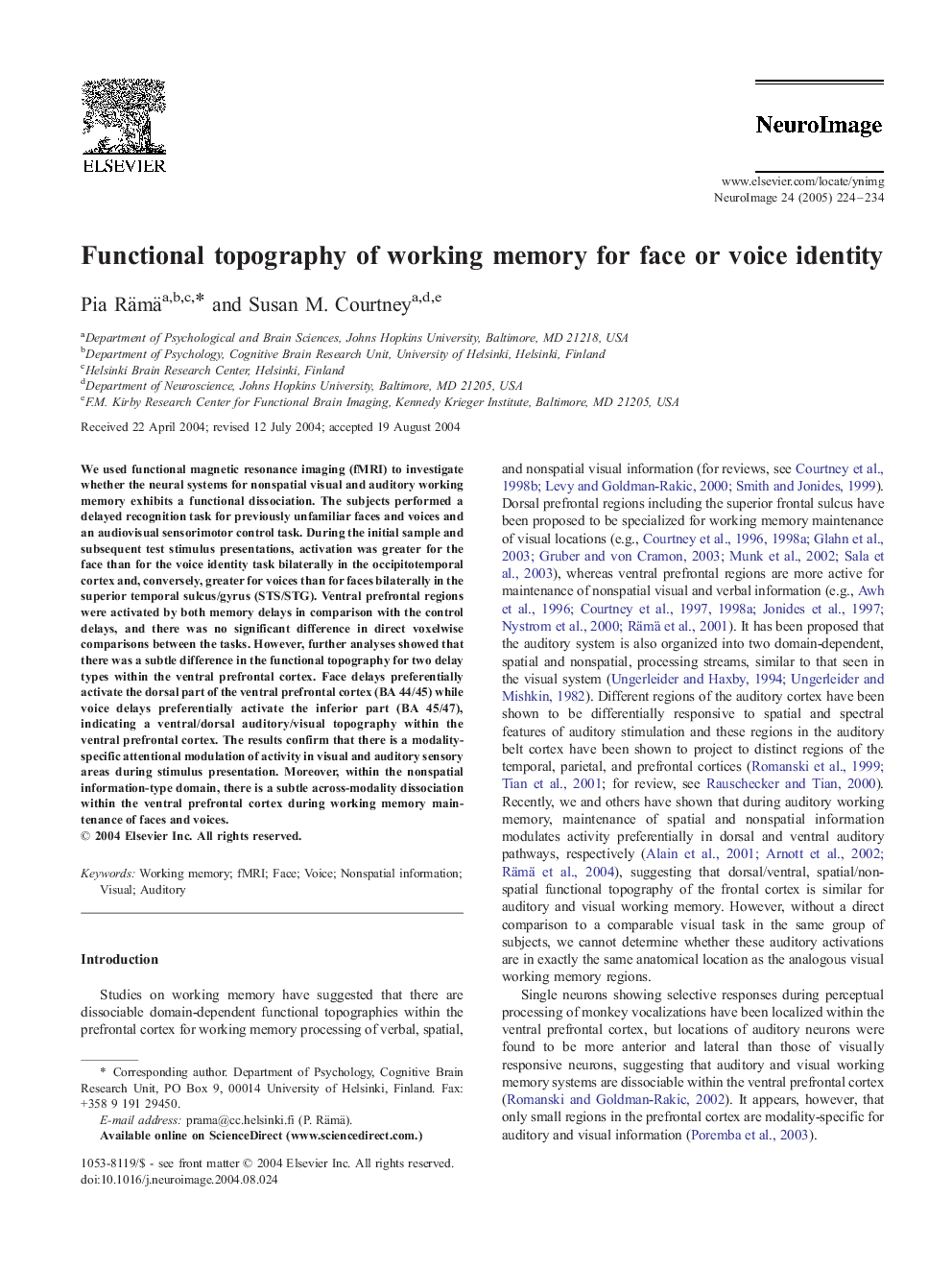 Functional topography of working memory for face or voice identity