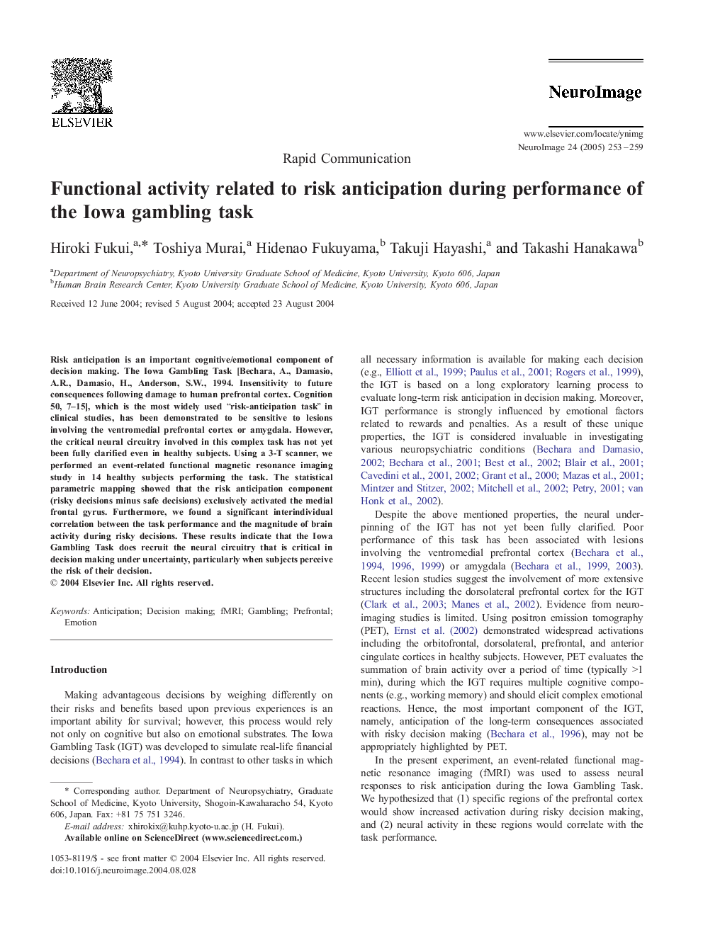 Functional activity related to risk anticipation during performance of the Iowa gambling task