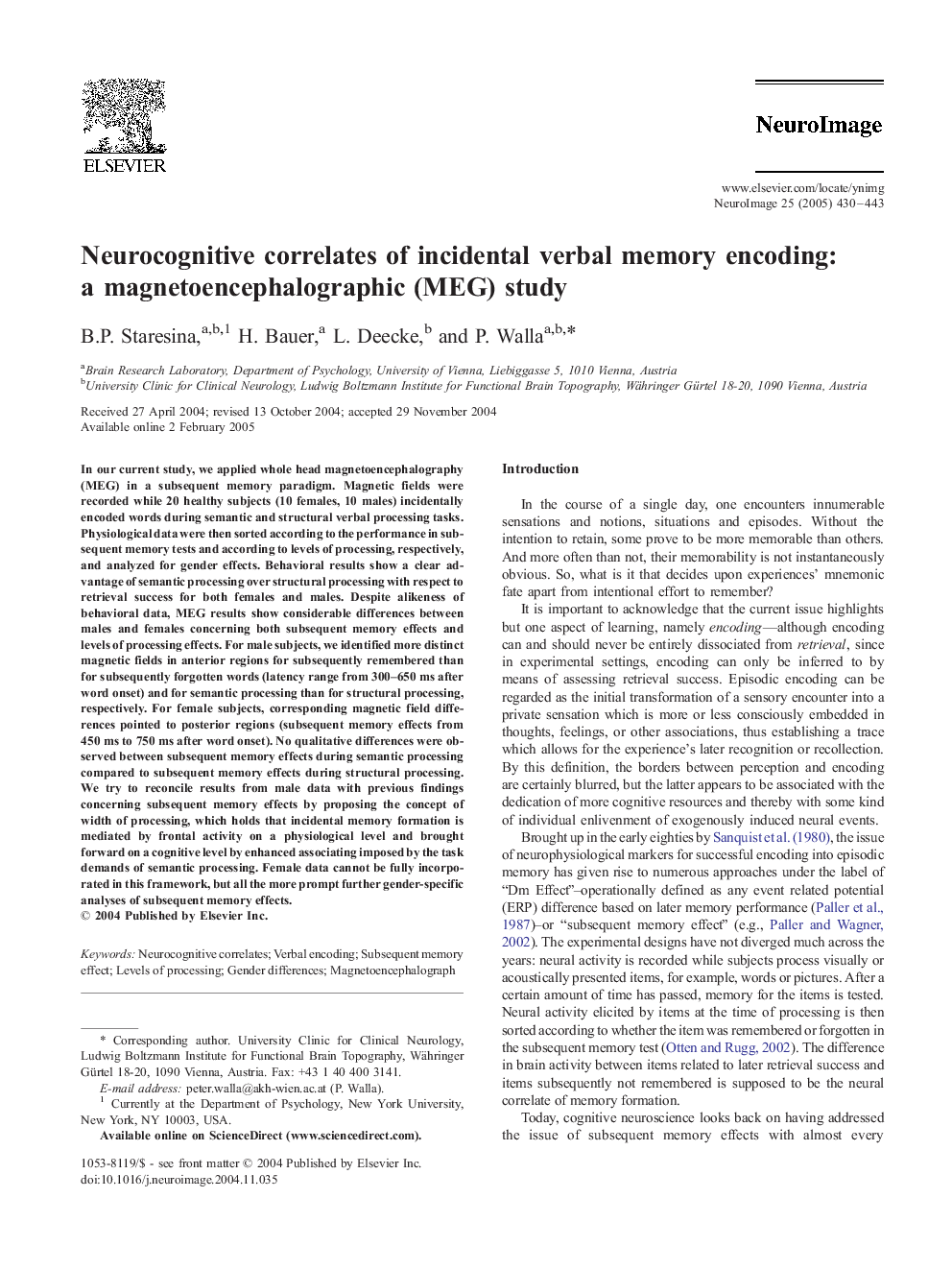 Neurocognitive correlates of incidental verbal memory encoding: a magnetoencephalographic (MEG) study