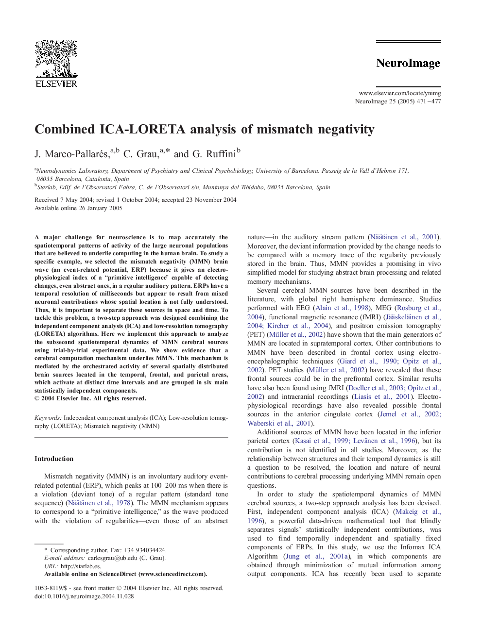 Combined ICA-LORETA analysis of mismatch negativity