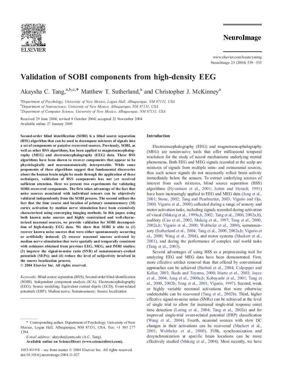 Validation of SOBI components from high-density EEG
