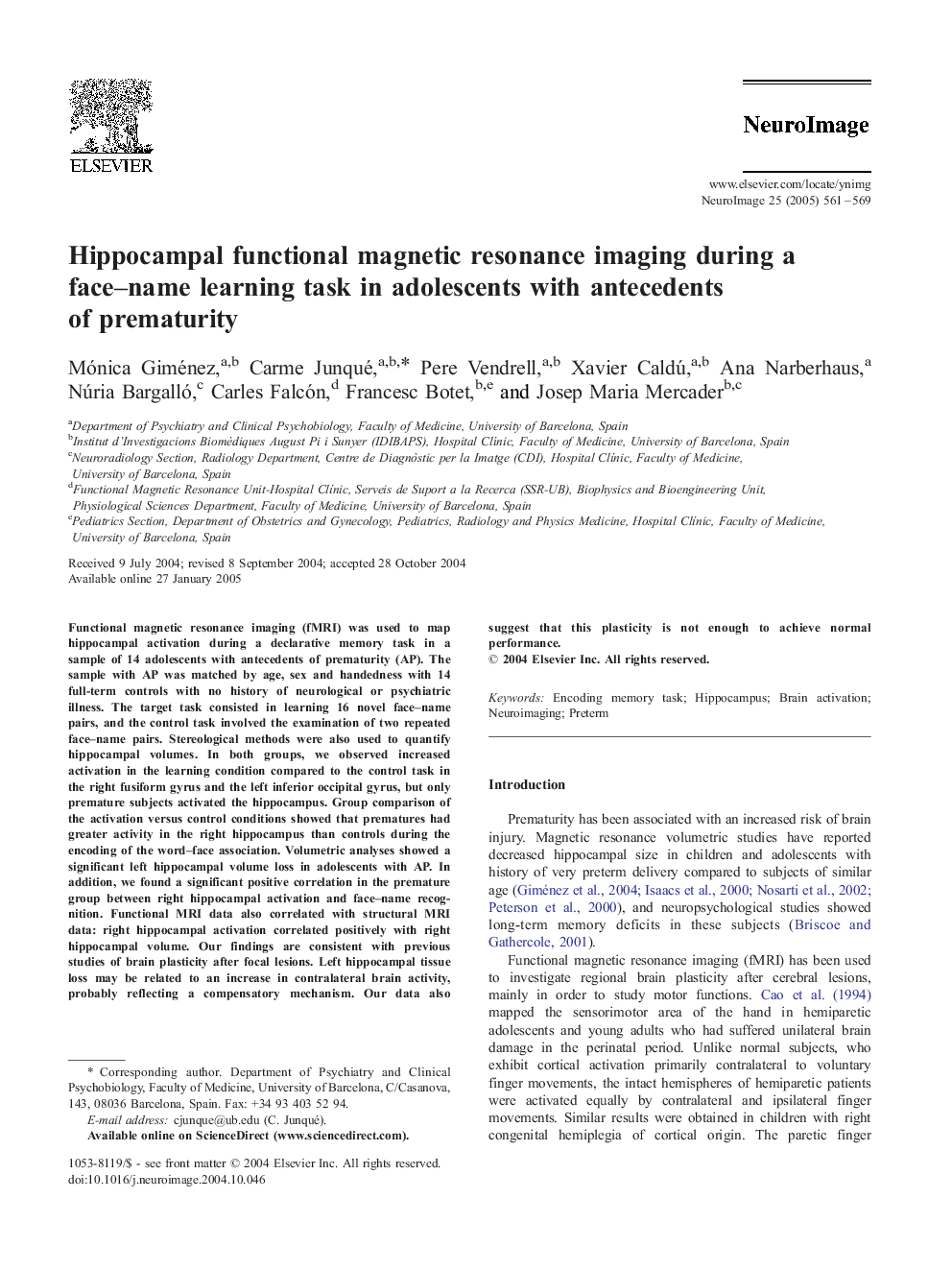 Hippocampal functional magnetic resonance imaging during a face-name learning task in adolescents with antecedents of prematurity