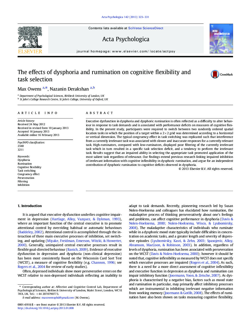 The effects of dysphoria and rumination on cognitive flexibility and task selection