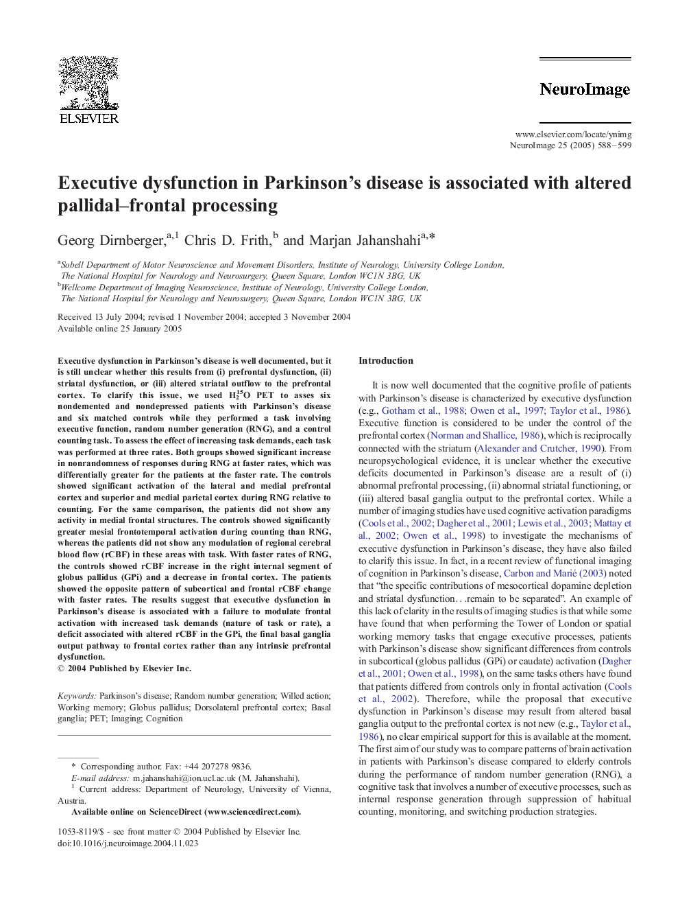 Executive dysfunction in Parkinson's disease is associated with altered pallidal-frontal processing