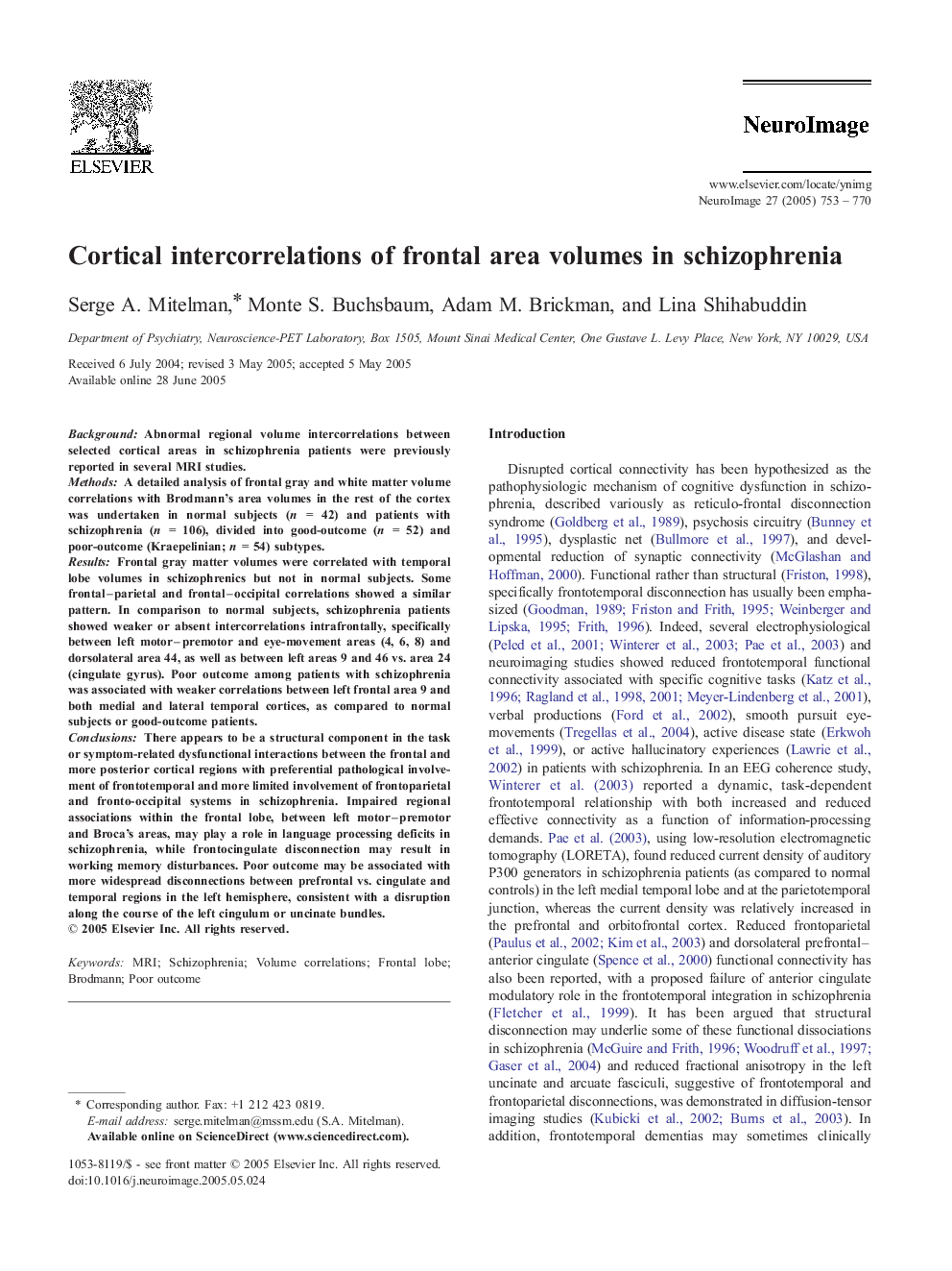 Cortical intercorrelations of frontal area volumes in schizophrenia