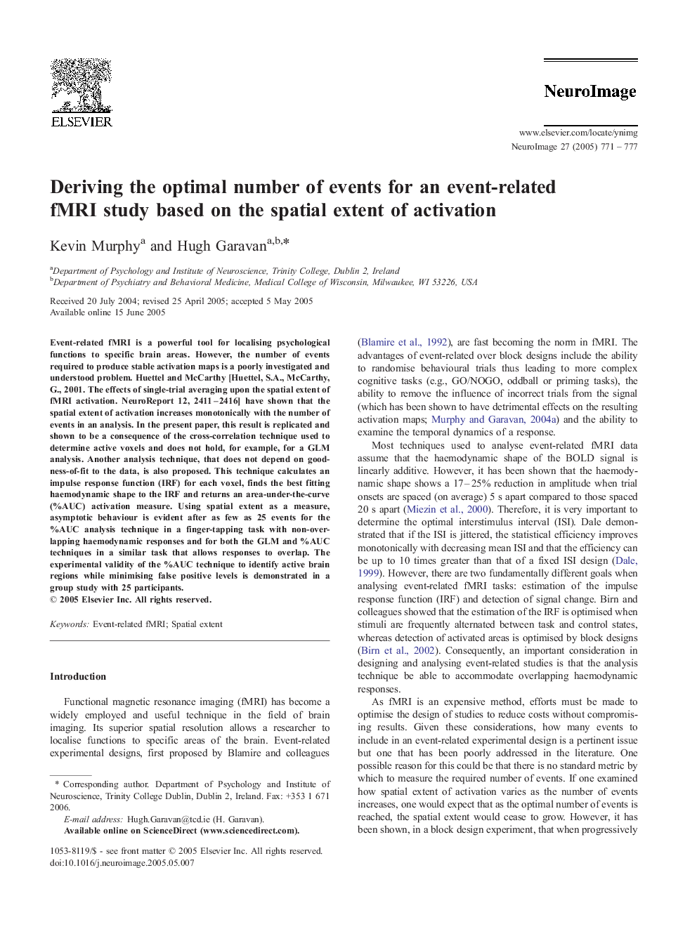 Deriving the optimal number of events for an event-related fMRI study based on the spatial extent of activation