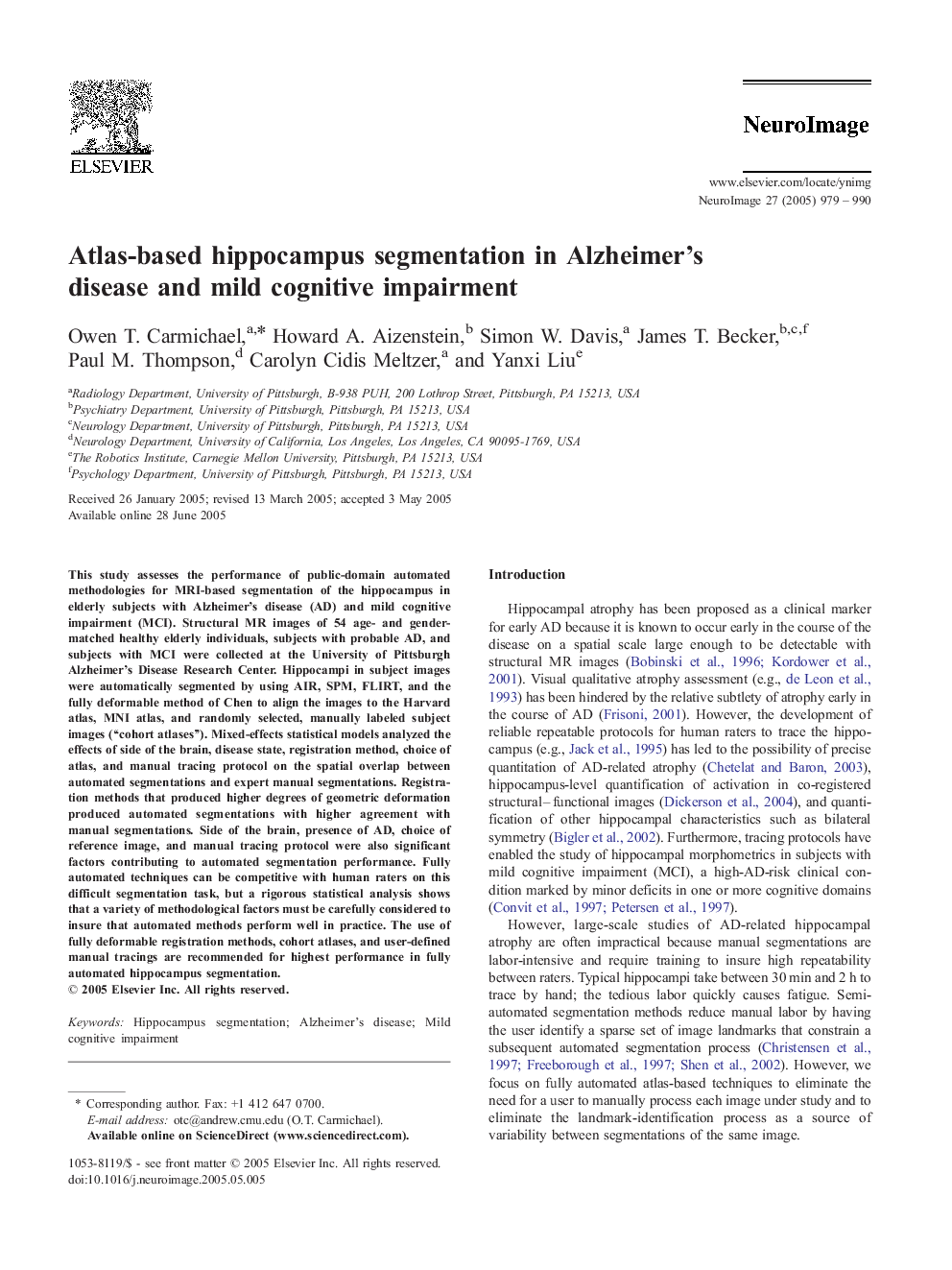 Atlas-based hippocampus segmentation in Alzheimer's disease and mild cognitive impairment