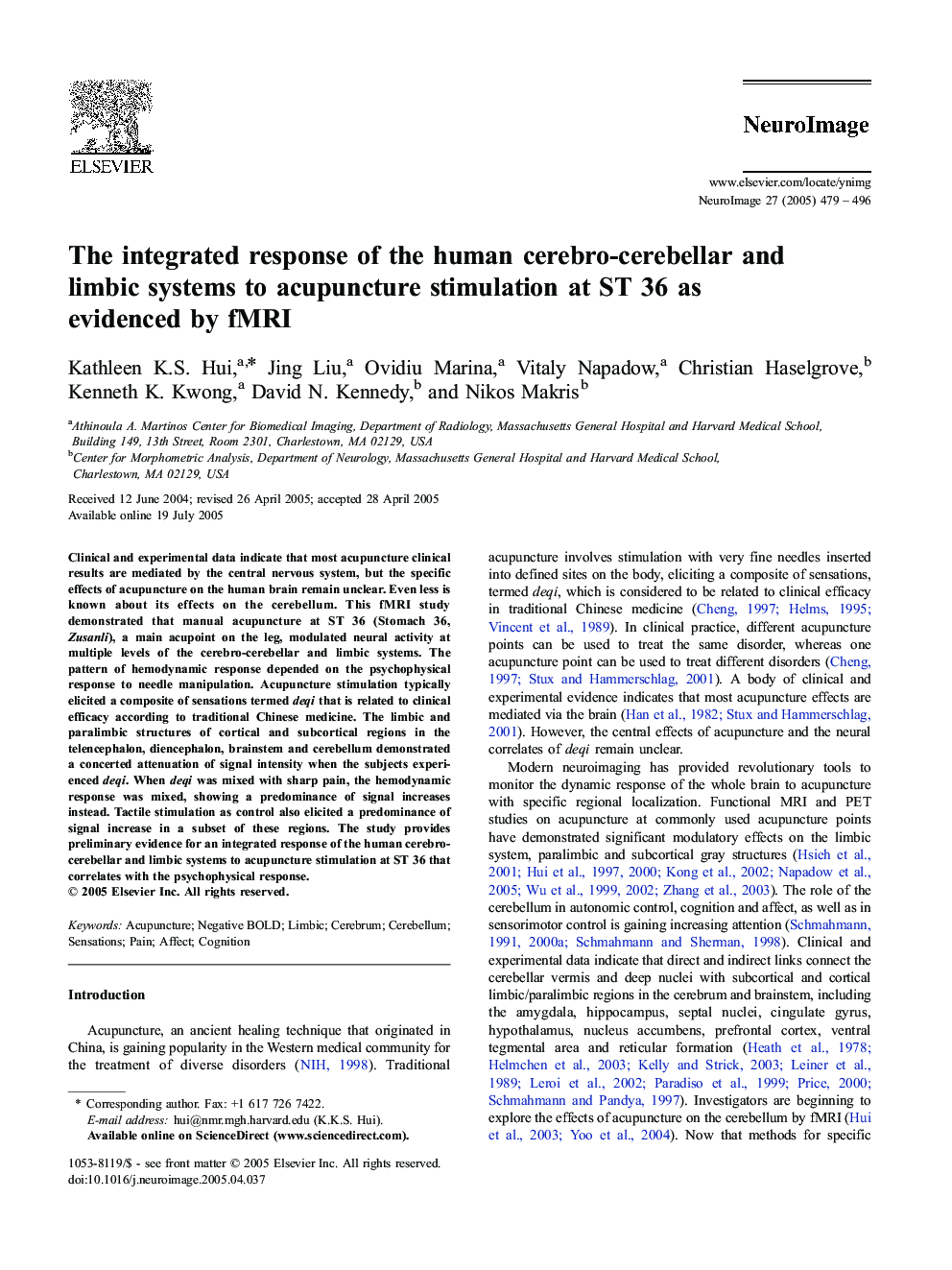 The integrated response of the human cerebro-cerebellar and limbic systems to acupuncture stimulation at ST 36 as evidenced by fMRI