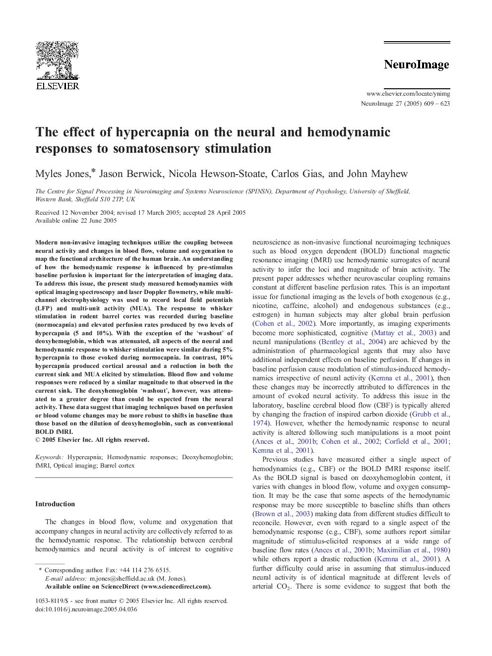 The effect of hypercapnia on the neural and hemodynamic responses to somatosensory stimulation