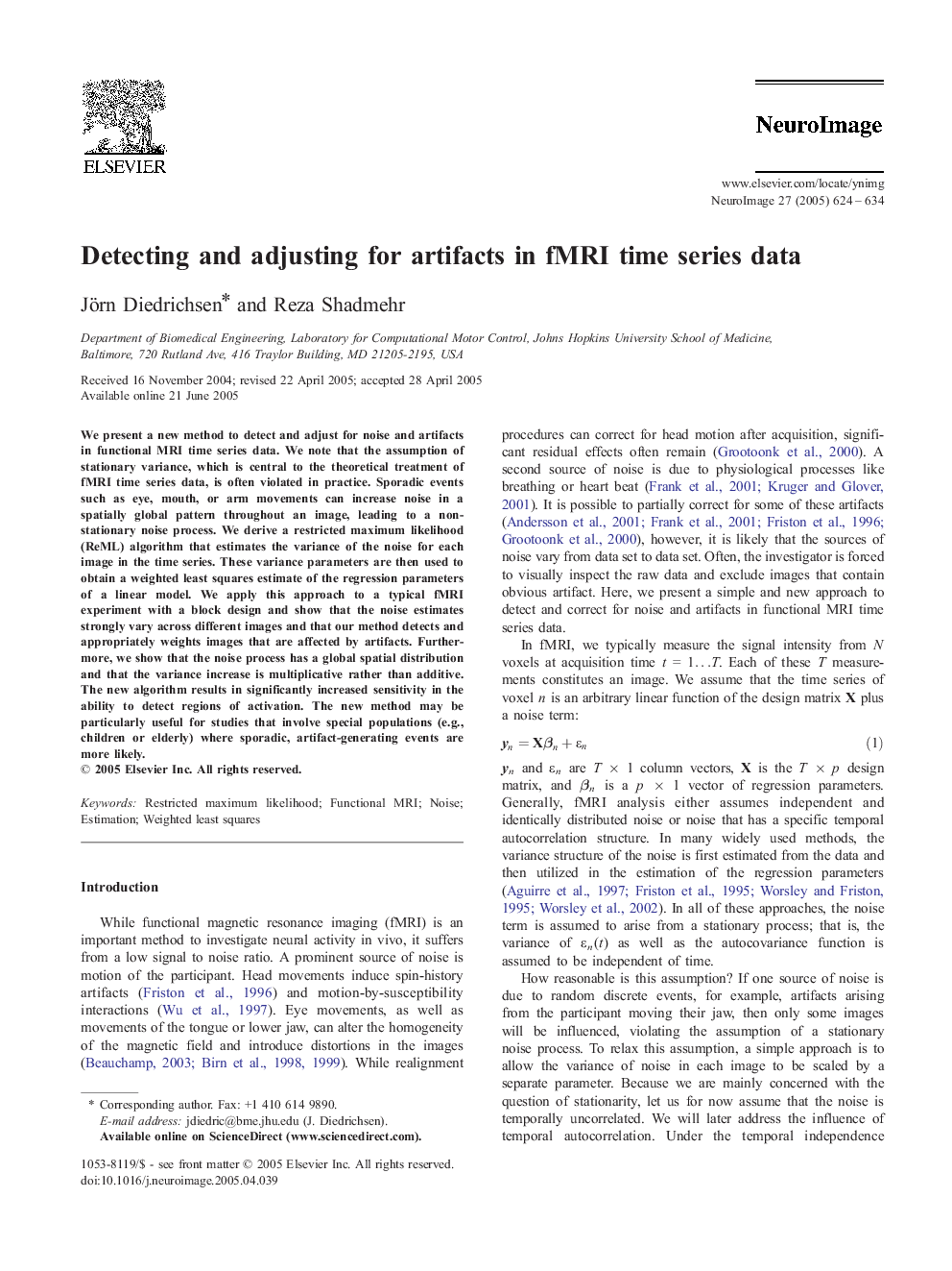 Detecting and adjusting for artifacts in fMRI time series data