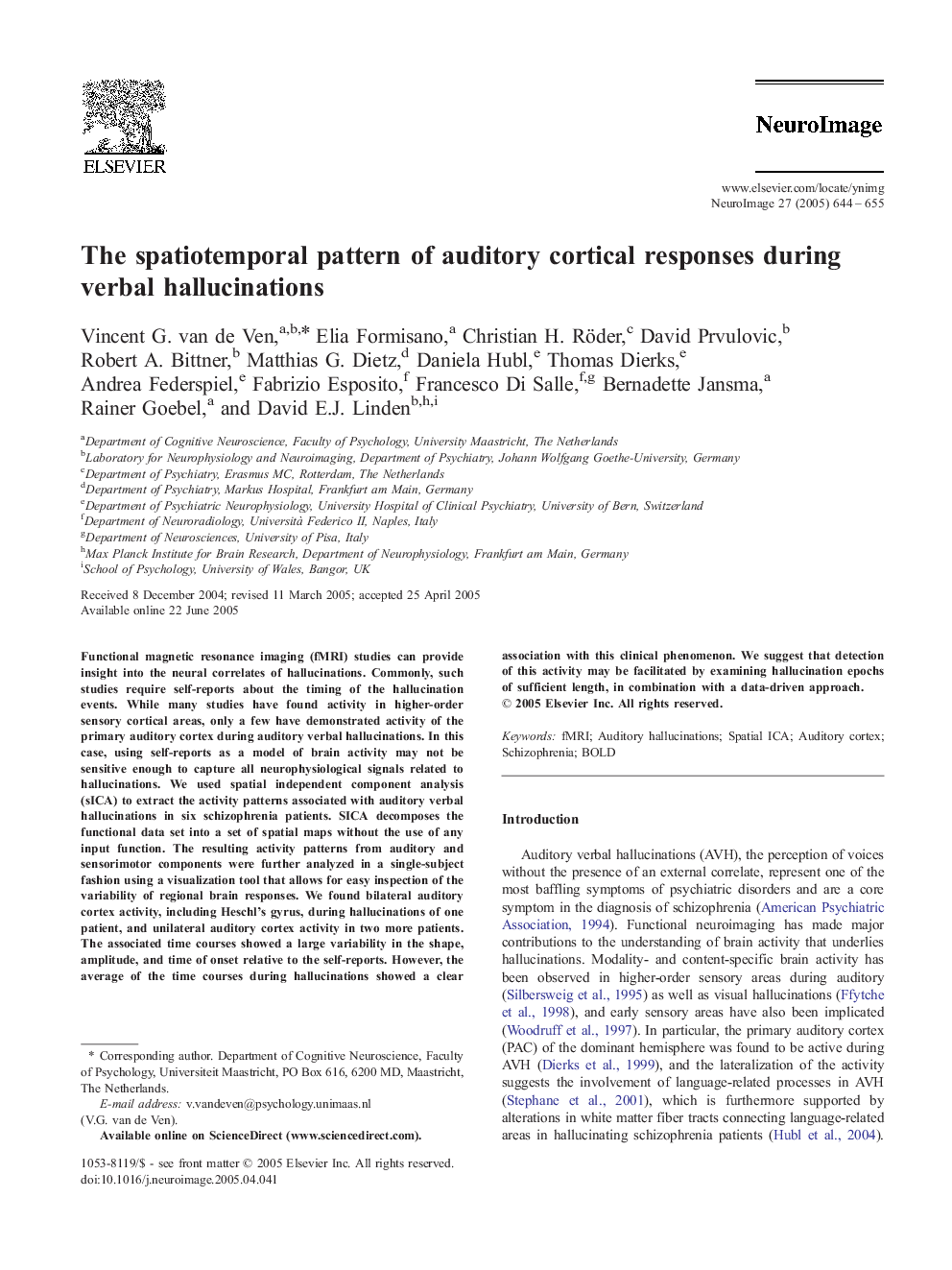 The spatiotemporal pattern of auditory cortical responses during verbal hallucinations