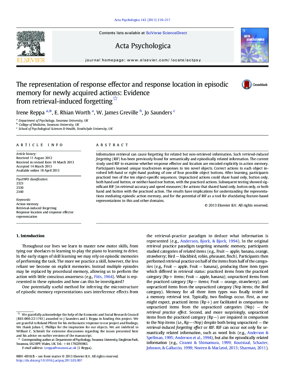 The representation of response effector and response location in episodic memory for newly acquired actions: Evidence from retrieval-induced forgetting 