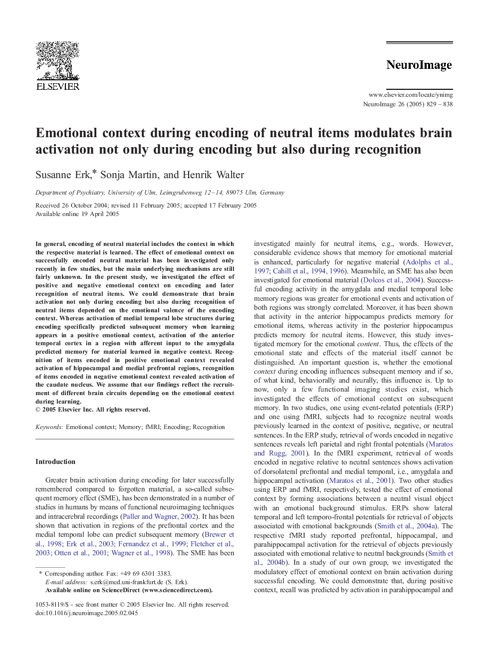 Emotional context during encoding of neutral items modulates brain activation not only during encoding but also during recognition