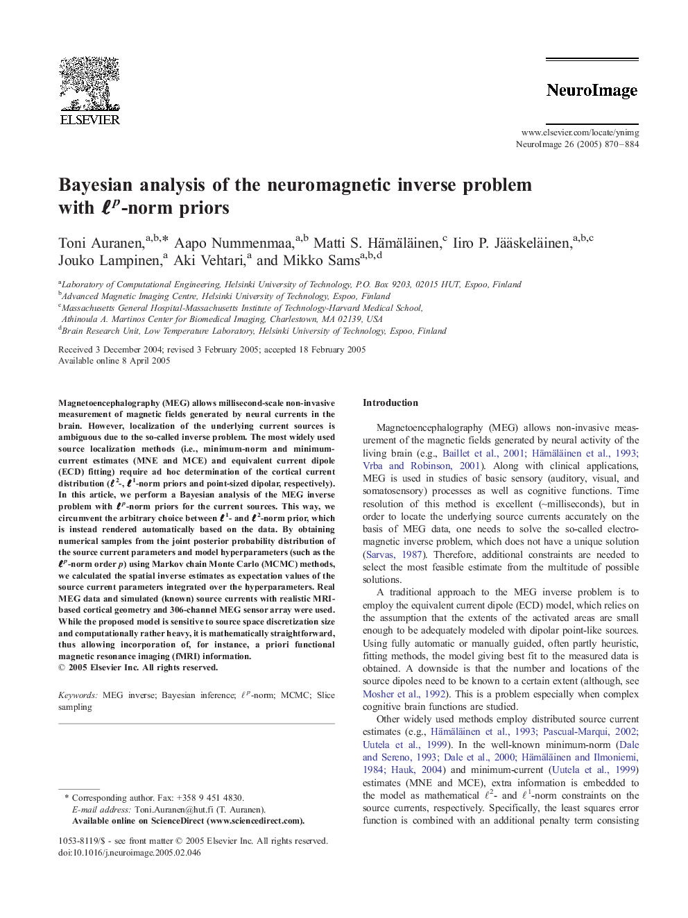 Bayesian analysis of the neuromagnetic inverse problem with âp-norm priors