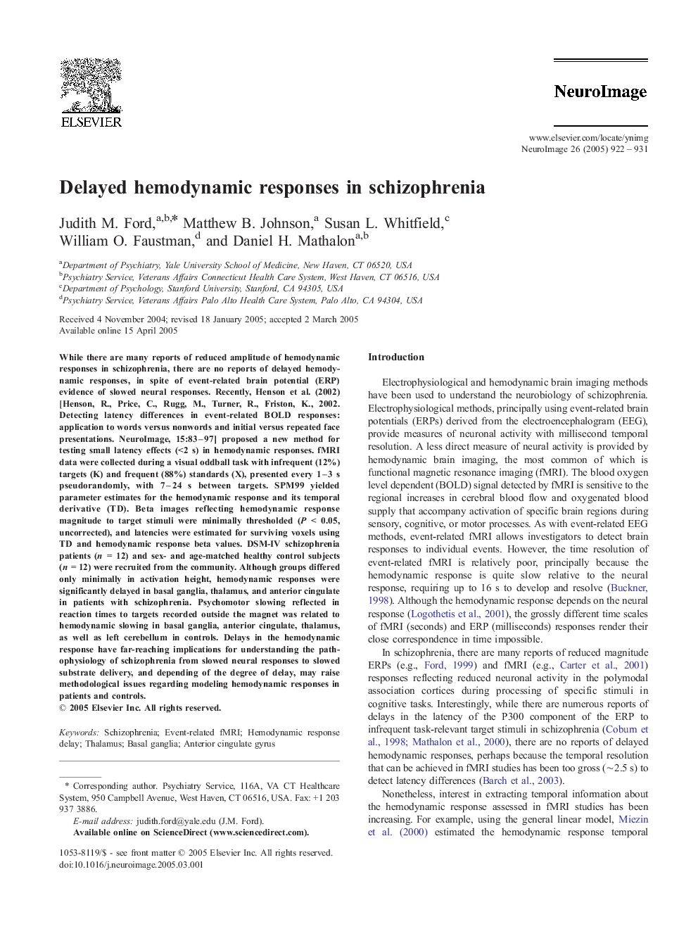 Delayed hemodynamic responses in schizophrenia