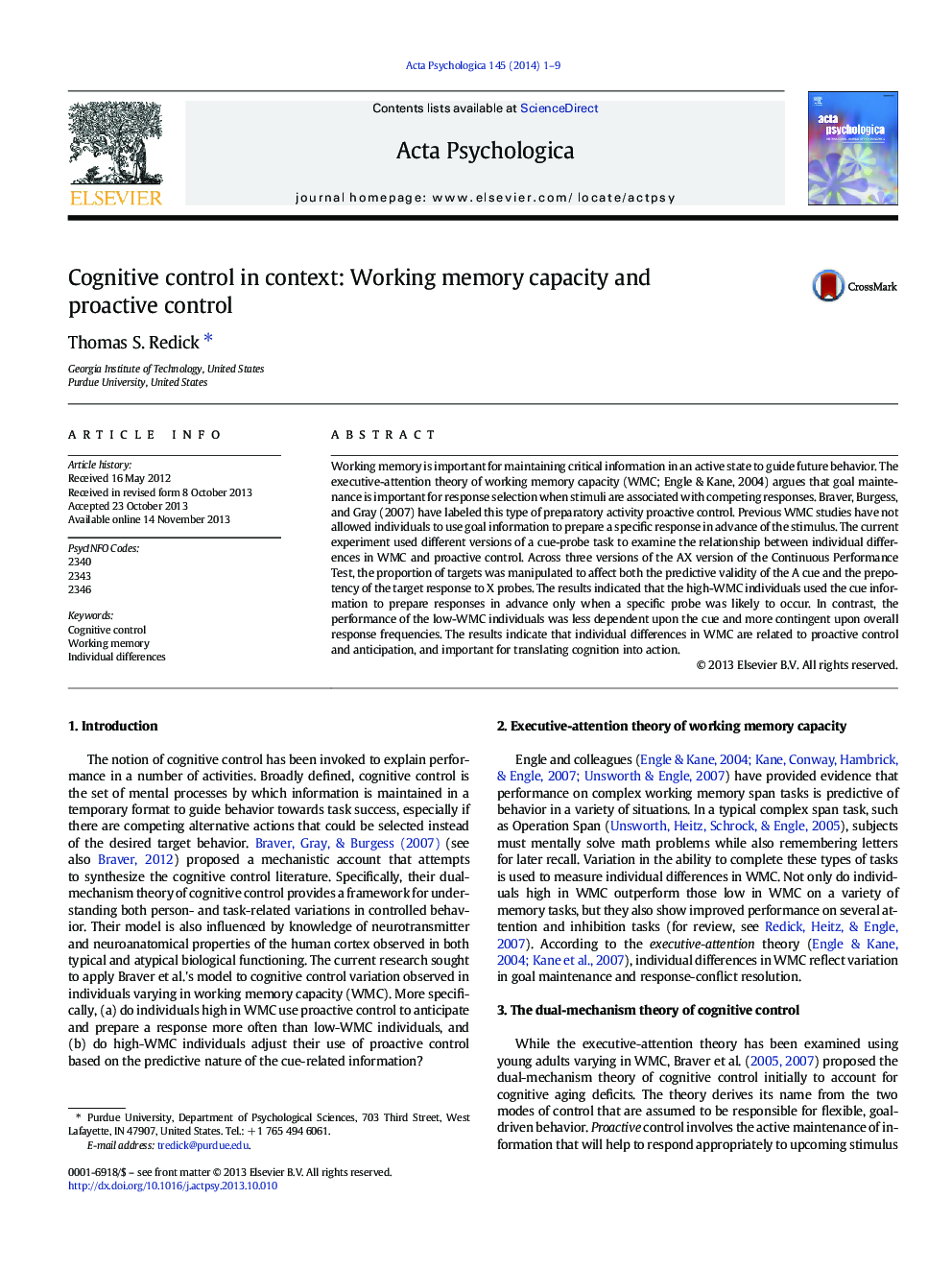 Cognitive control in context: Working memory capacity and proactive control