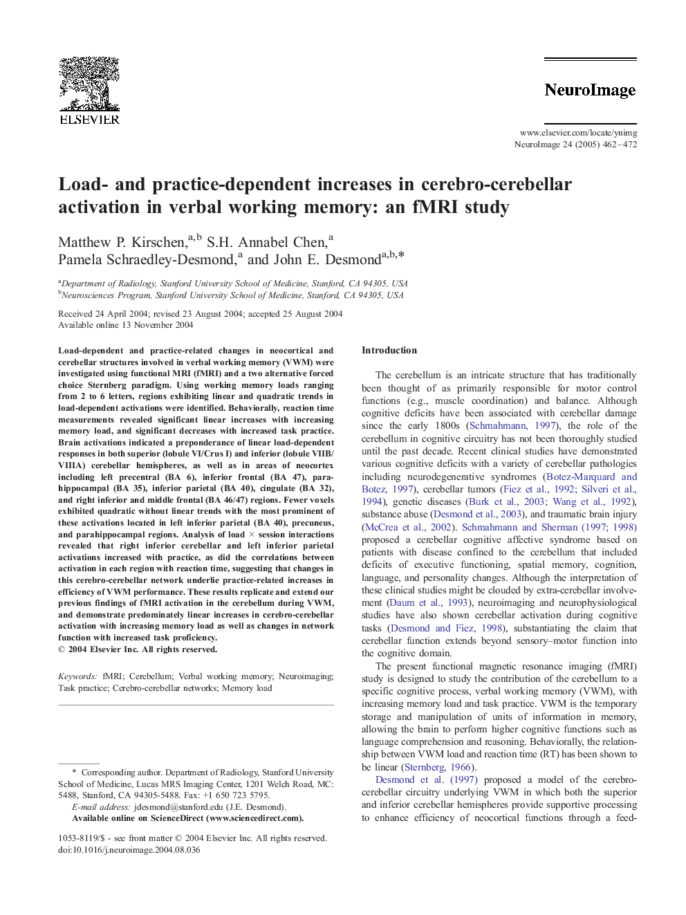 Load- and practice-dependent increases in cerebro-cerebellar activation in verbal working memory: an fMRI study