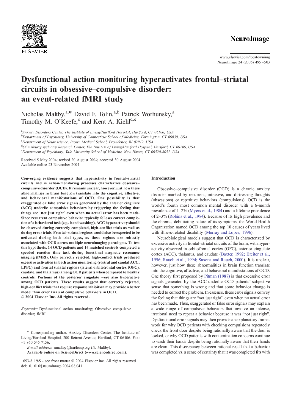 Dysfunctional action monitoring hyperactivates frontal-striatal circuits in obsessive-compulsive disorder: an event-related fMRI study