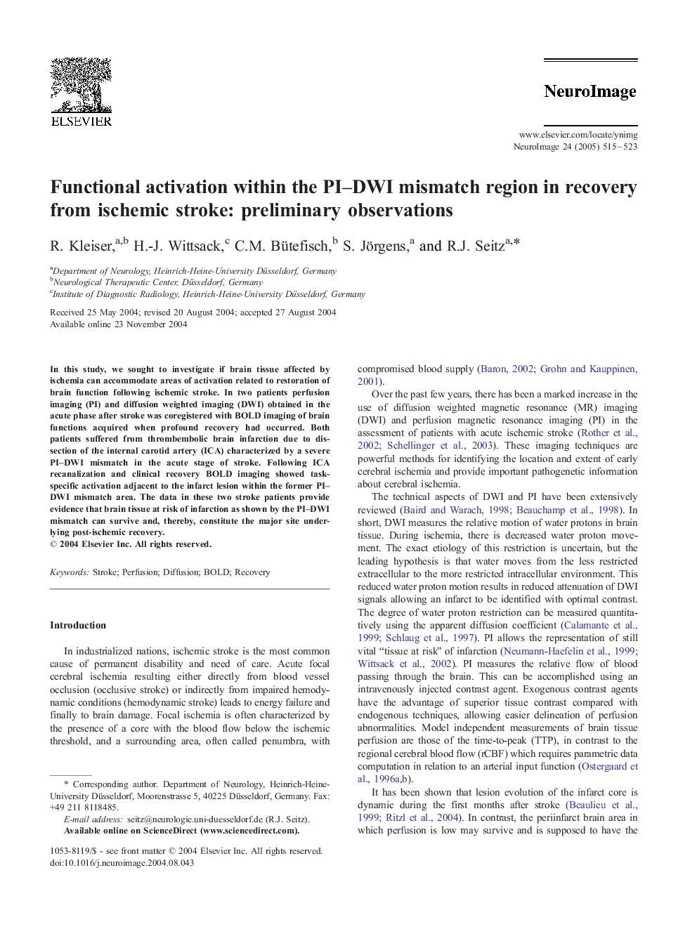 Functional activation within the PI-DWI mismatch region in recovery from ischemic stroke: preliminary observations