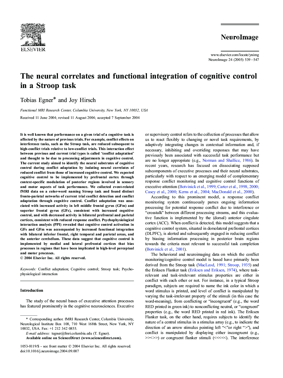 The neural correlates and functional integration of cognitive control in a Stroop task