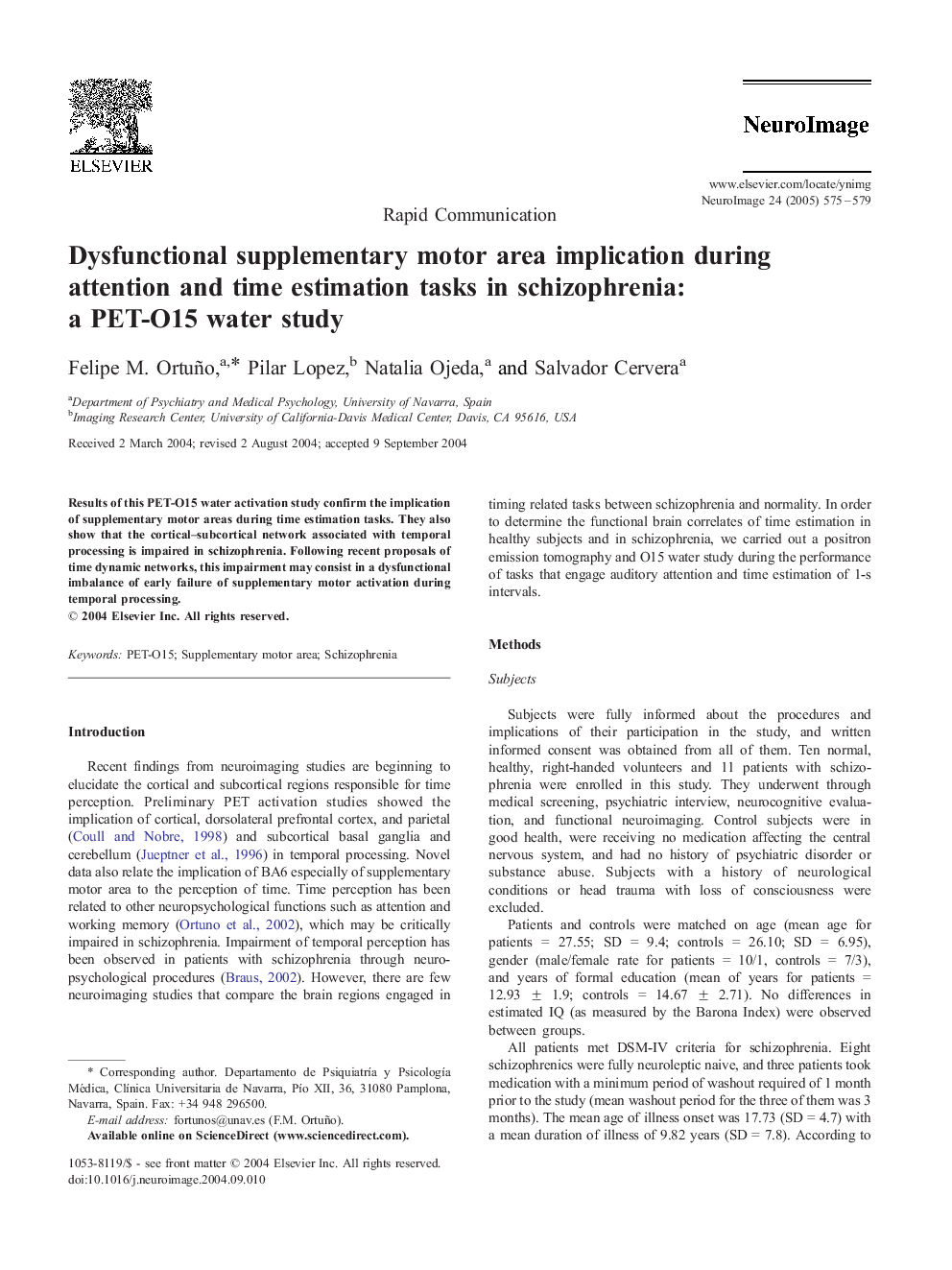 Dysfunctional supplementary motor area implication during attention and time estimation tasks in schizophrenia: a PET-O15 water study