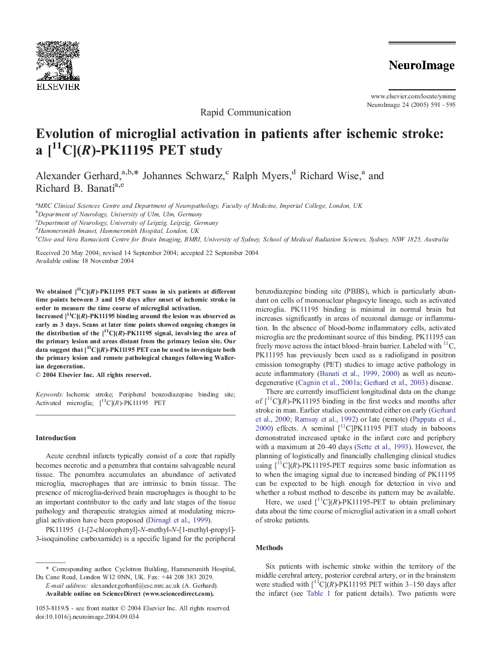 Evolution of microglial activation in patients after ischemic stroke: a [11C](R)-PK11195 PET study