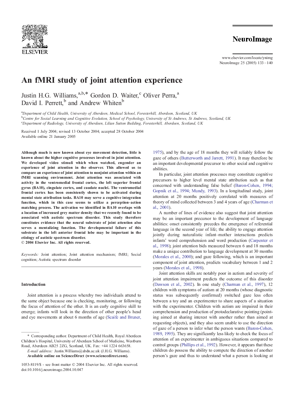 An fMRI study of joint attention experience