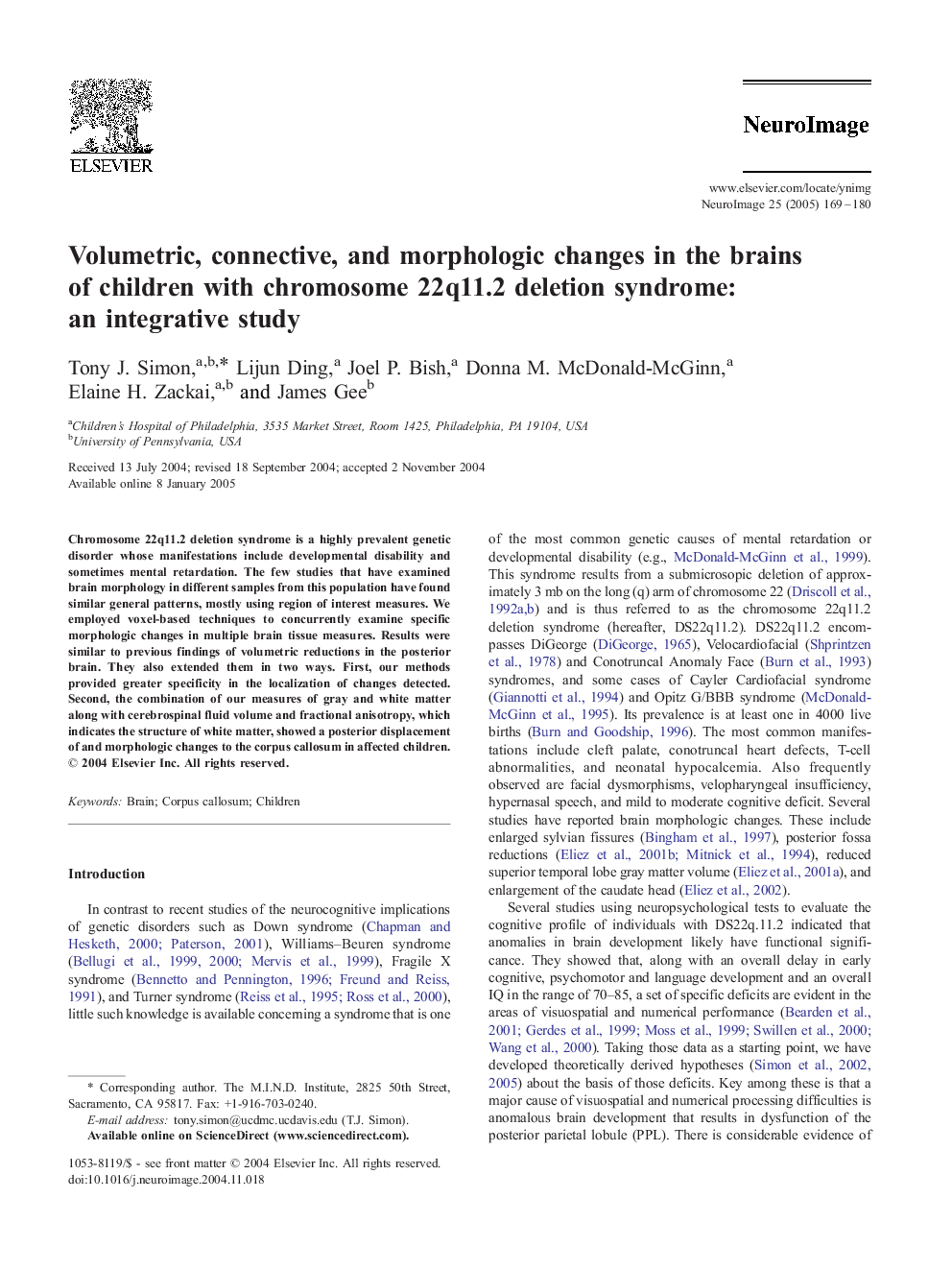 Volumetric, connective, and morphologic changes in the brains of children with chromosome 22q11.2 deletion syndrome: an integrative study