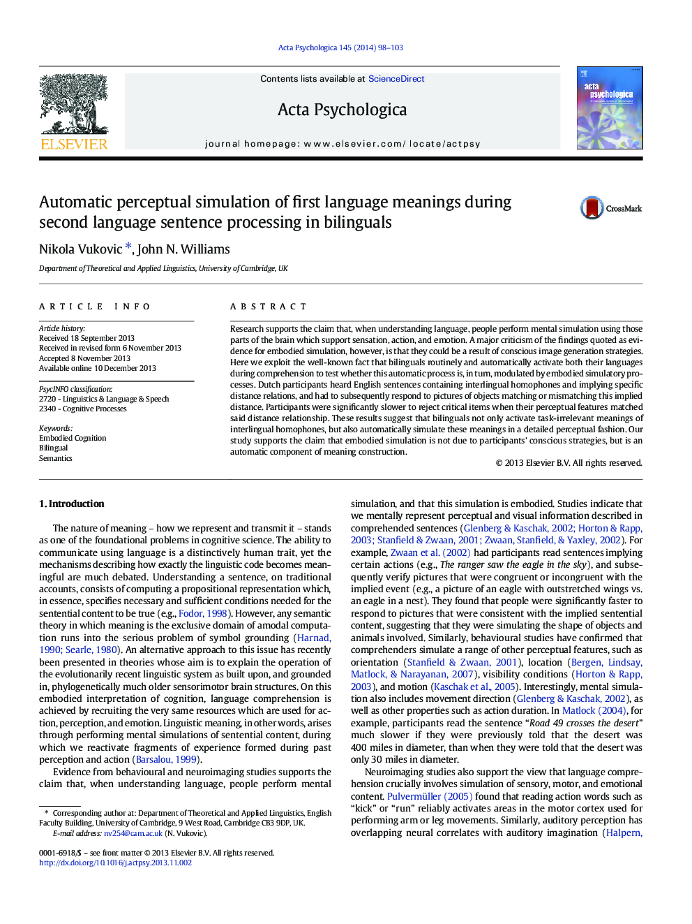 Automatic perceptual simulation of first language meanings during second language sentence processing in bilinguals