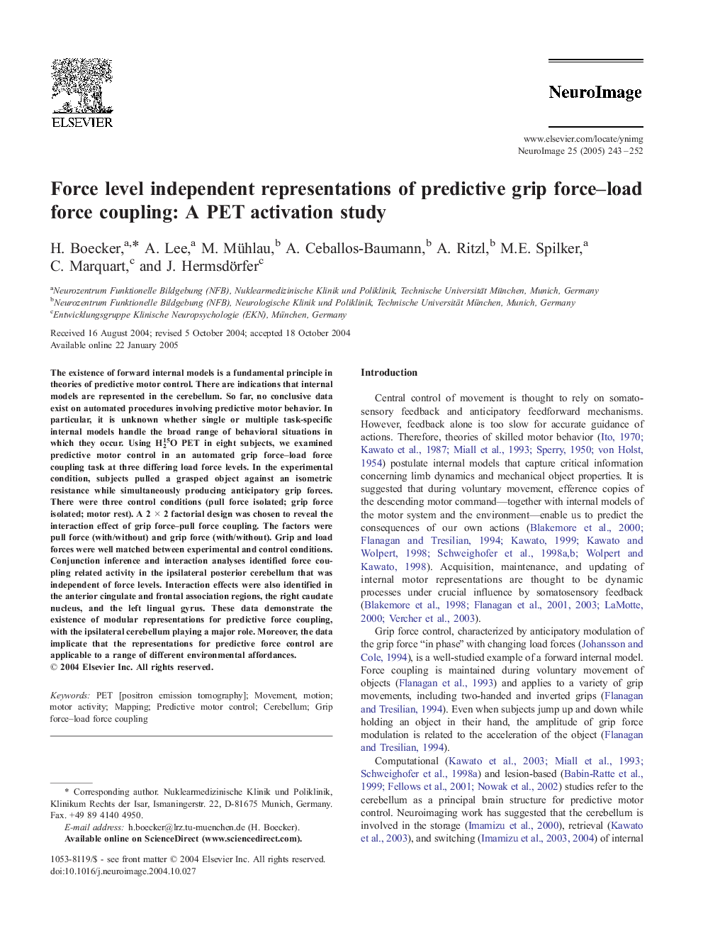 Force level independent representations of predictive grip force-load force coupling: A PET activation study