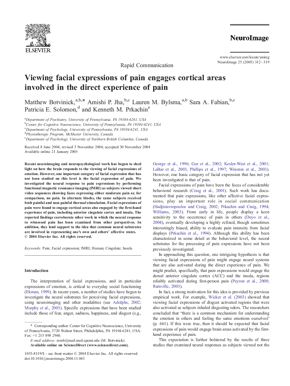 عکس صفحه اول مقاله: Viewing facial expressions of pain engages cortical areas involved in the direct experience of pain Viewing facial expressions of pain engages cortical areas involved in the direct experience of pain