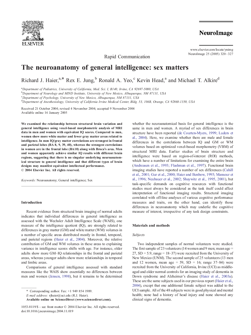 عکس صفحه اول مقاله: The neuroanatomy of general intelligence: sex matters The neuroanatomy of general intelligence: sex matters