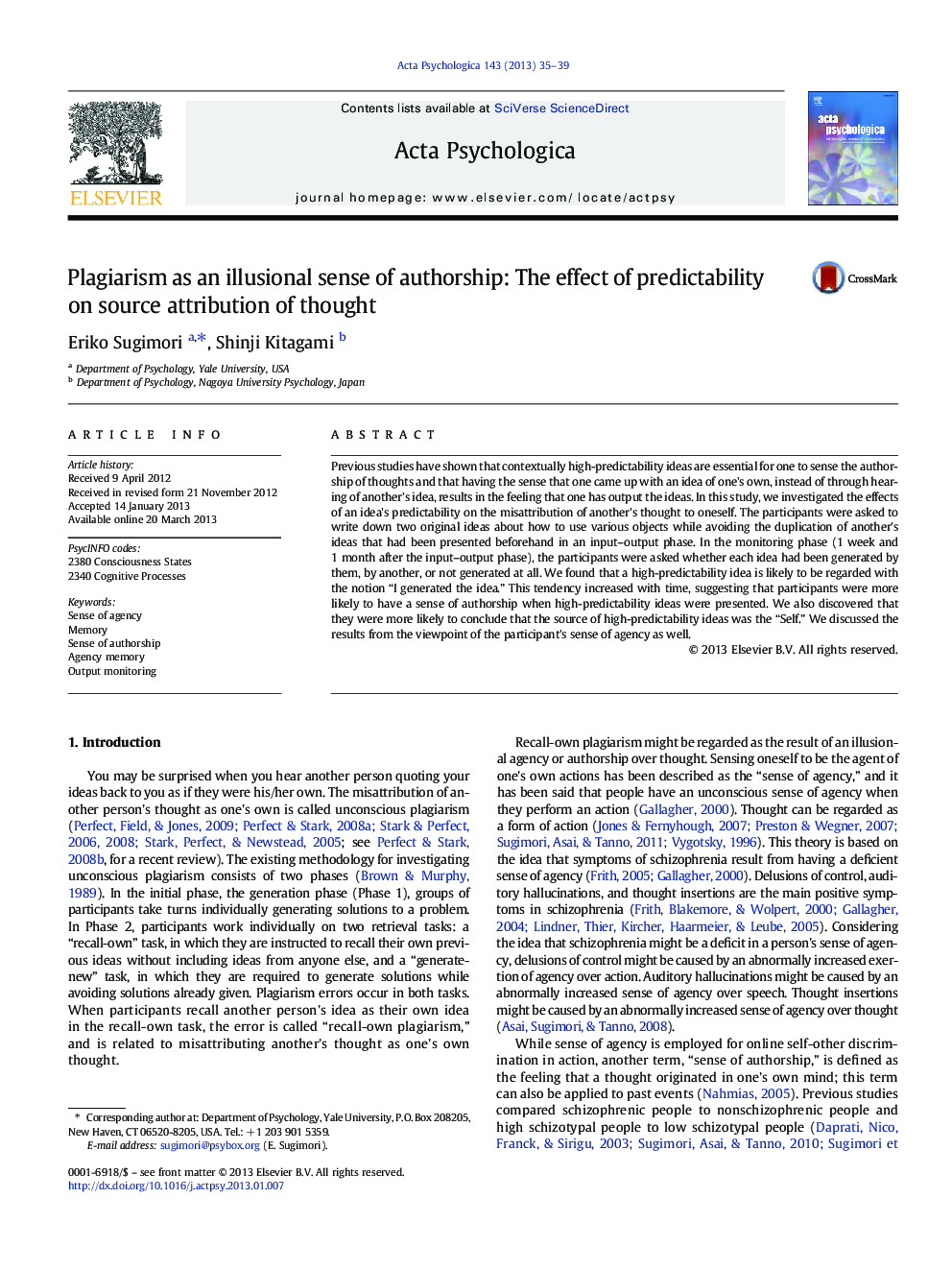 Plagiarism as an illusional sense of authorship: The effect of predictability on source attribution of thought