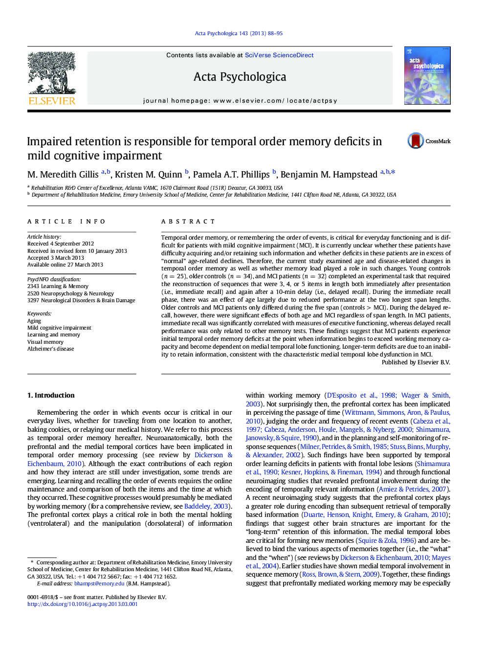 Impaired retention is responsible for temporal order memory deficits in mild cognitive impairment