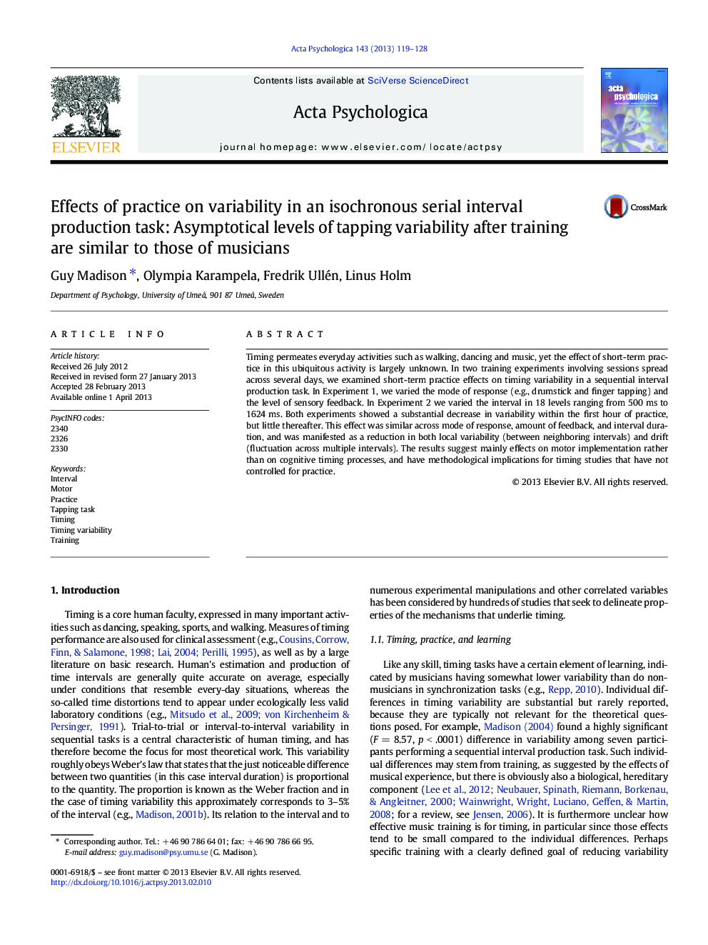 Effects of practice on variability in an isochronous serial interval production task: Asymptotical levels of tapping variability after training are similar to those of musicians