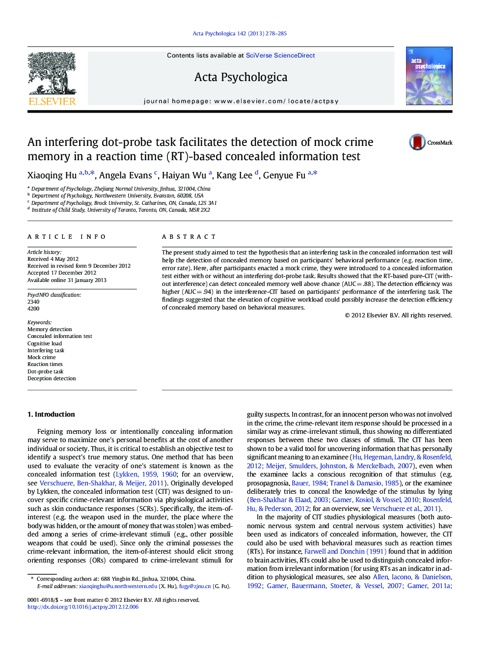 An interfering dot-probe task facilitates the detection of mock crime memory in a reaction time (RT)-based concealed information test