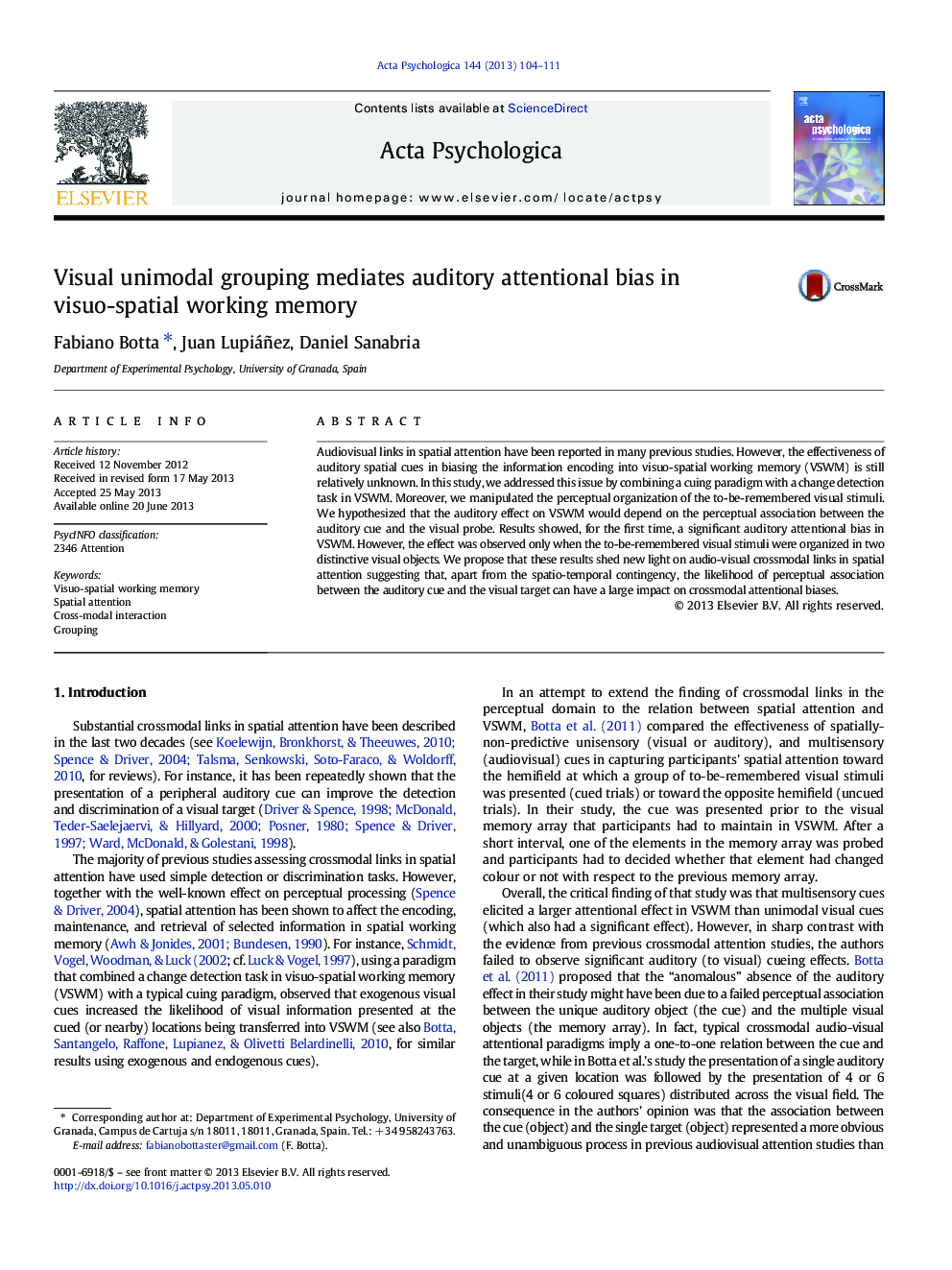 Visual unimodal grouping mediates auditory attentional bias in visuo-spatial working memory