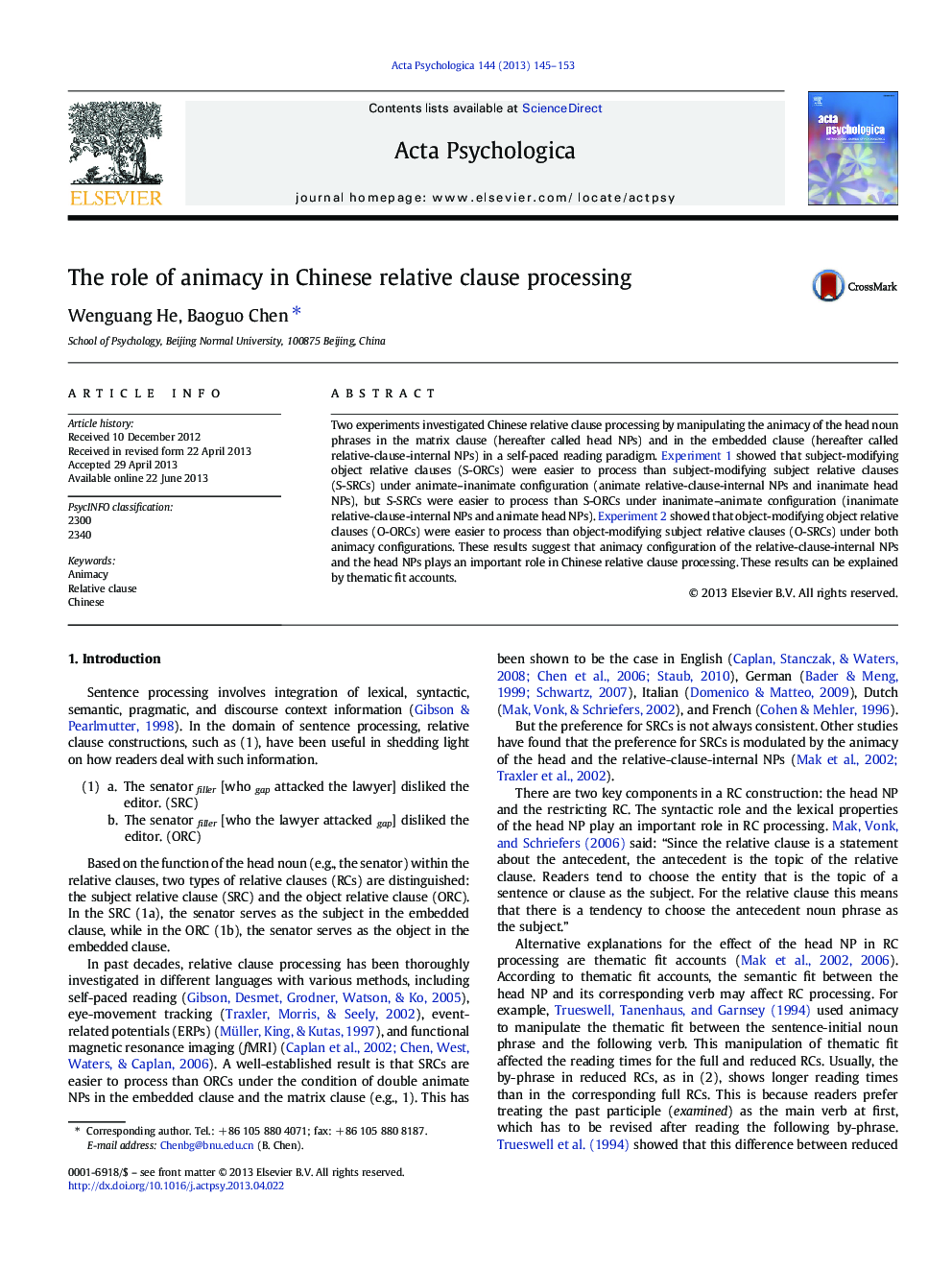 The role of animacy in Chinese relative clause processing