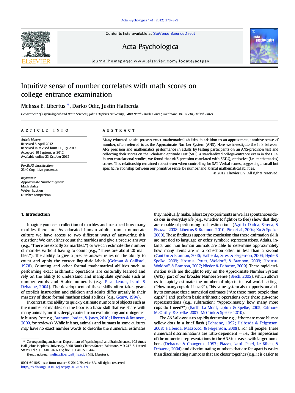 Intuitive sense of number correlates with math scores on college-entrance examination