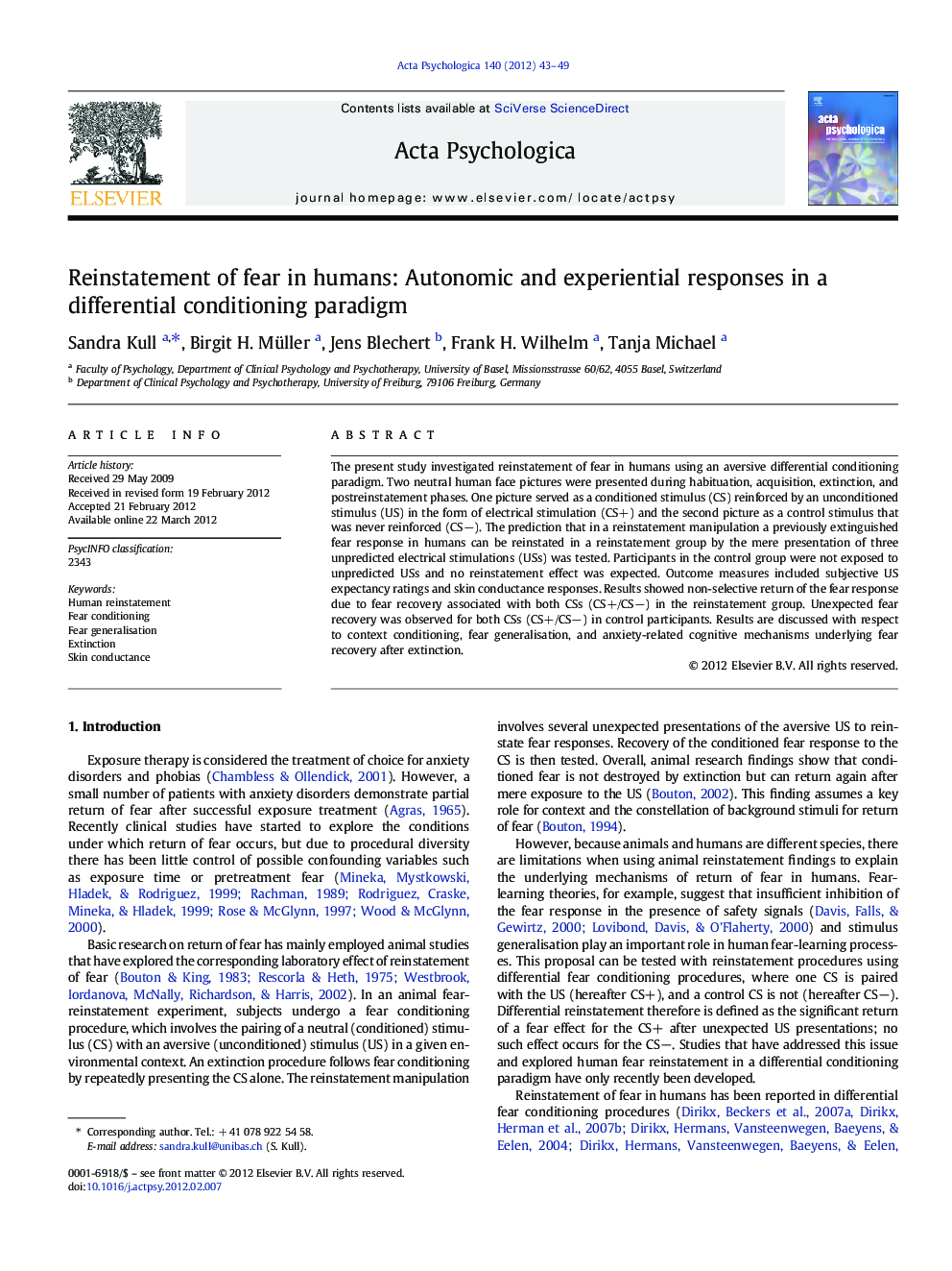 Reinstatement of fear in humans: Autonomic and experiential responses in a differential conditioning paradigm