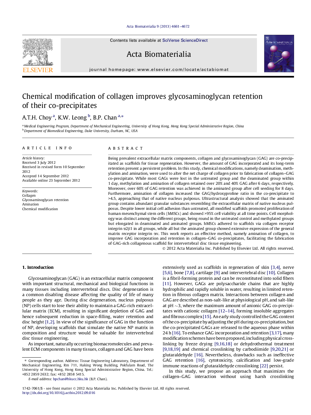 Chemical modification of collagen improves glycosaminoglycan retention of their co-precipitates