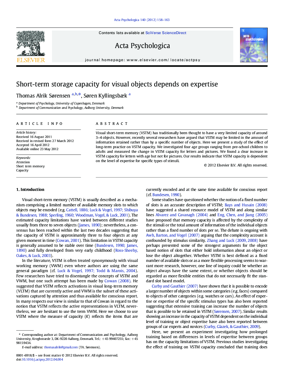 Short-term storage capacity for visual objects depends on expertise