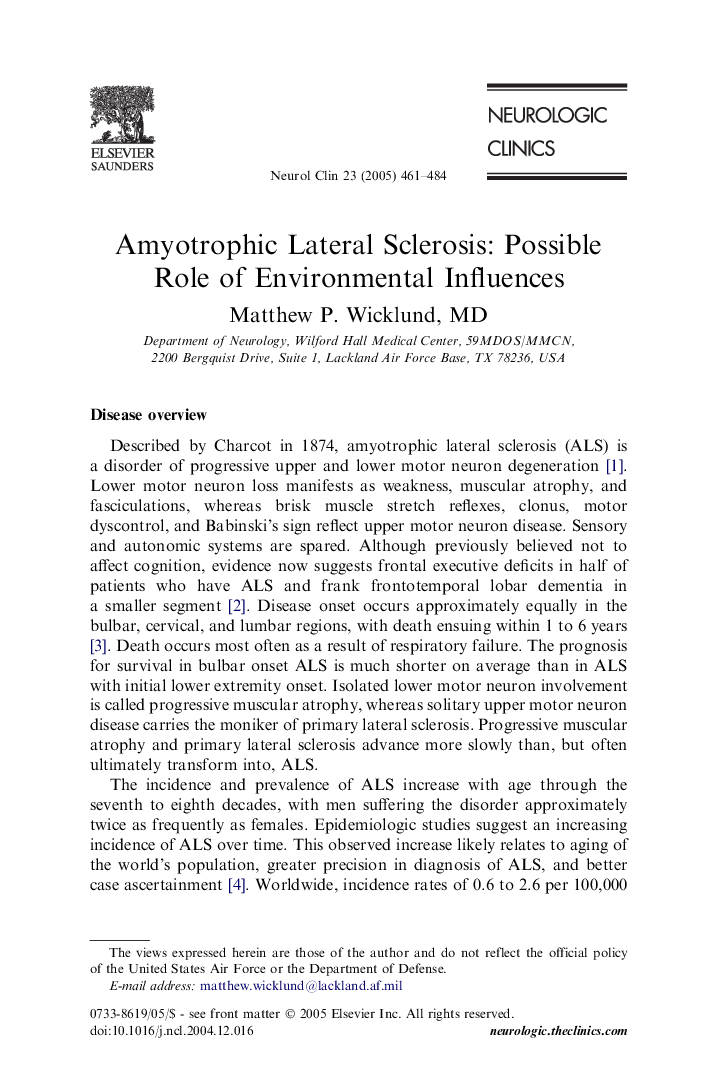 Amyotrophic Lateral Sclerosis: Possible Role of Environmental Influences