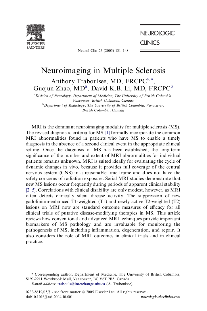 Neuroimaging in multiple sclerosis