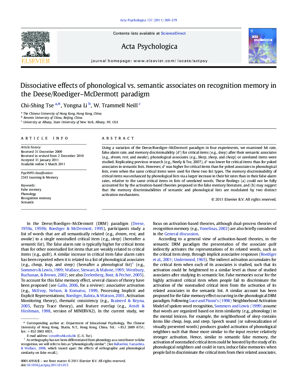 Dissociative effects of phonological vs. semantic associates on recognition memory in the Deese/Roediger–McDermott paradigm