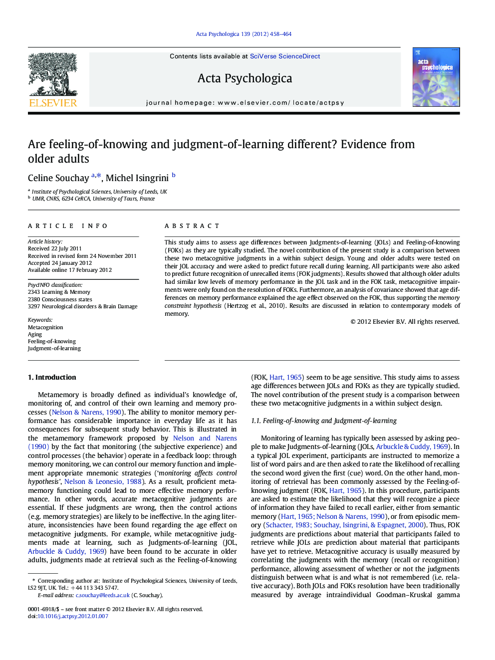 Are feeling-of-knowing and judgment-of-learning different? Evidence from older adults