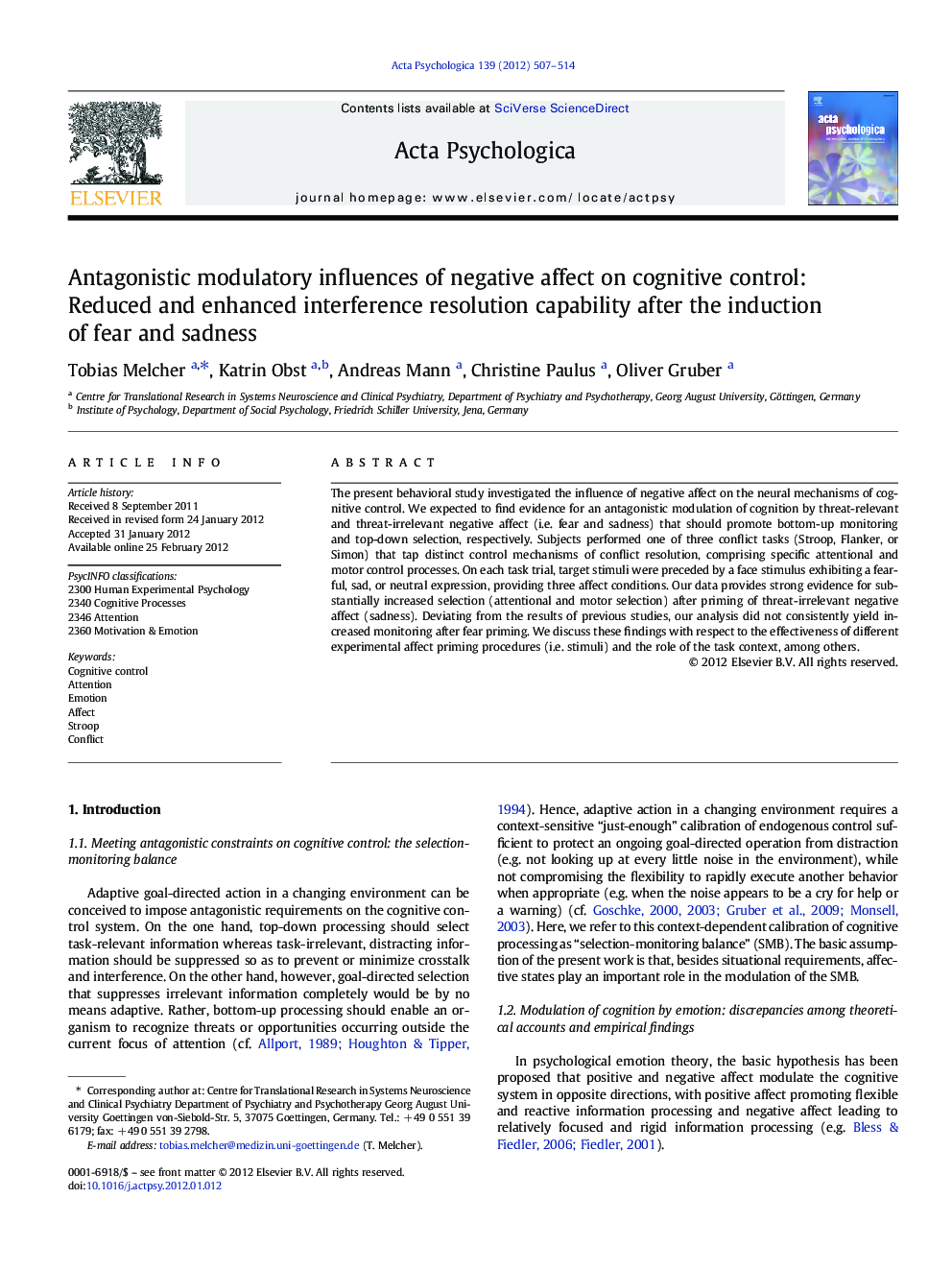 Antagonistic modulatory influences of negative affect on cognitive control: Reduced and enhanced interference resolution capability after the induction of fear and sadness