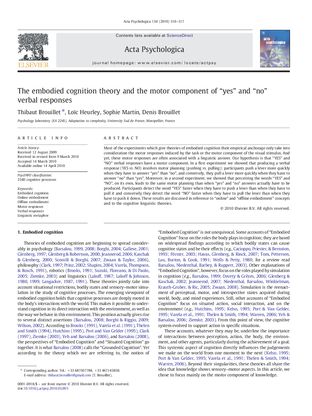 The embodied cognition theory and the motor component of “yes” and “no” verbal responses